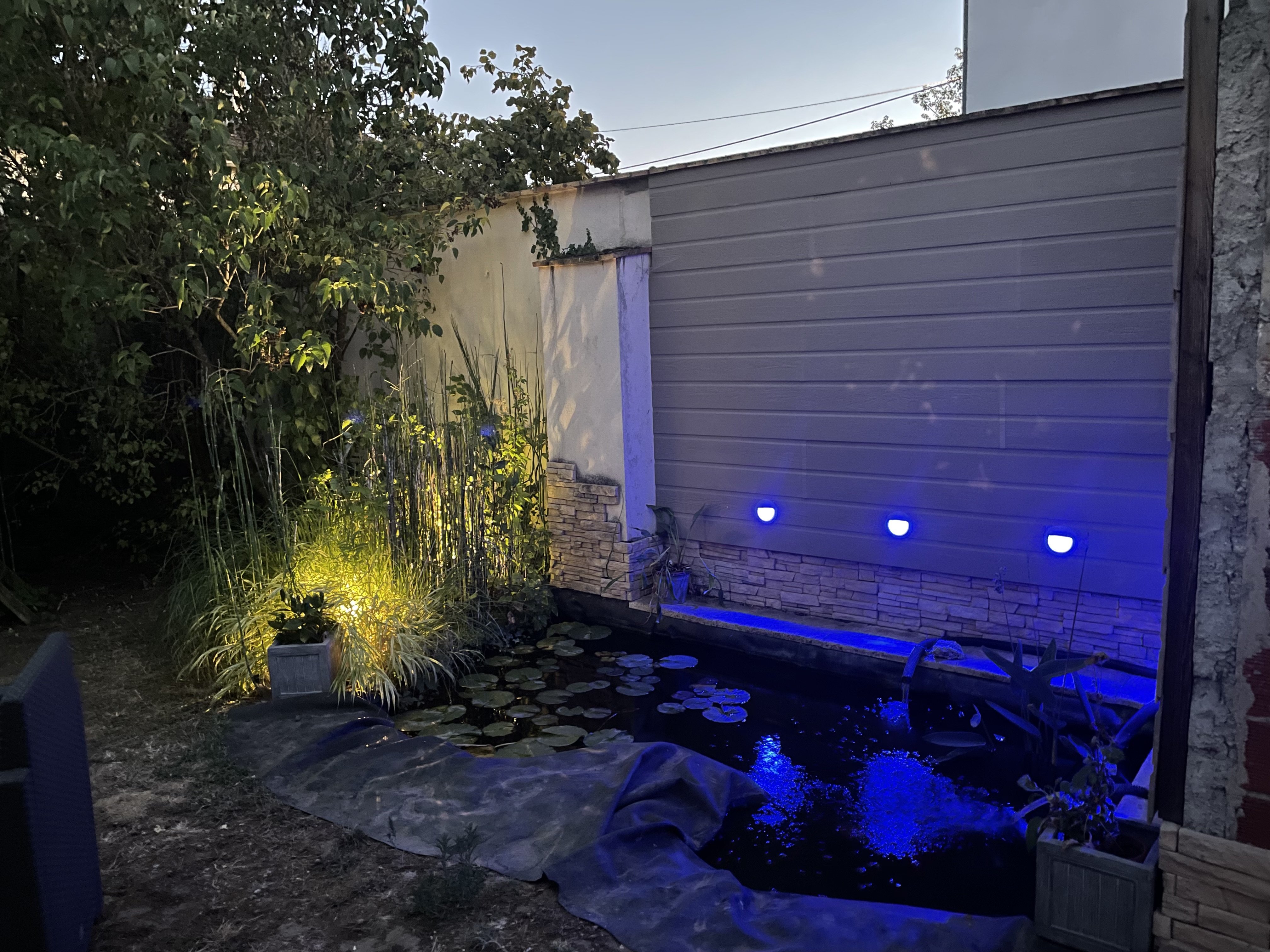 Installation d'éclairage extérieur jardin et bassin chez un particulier